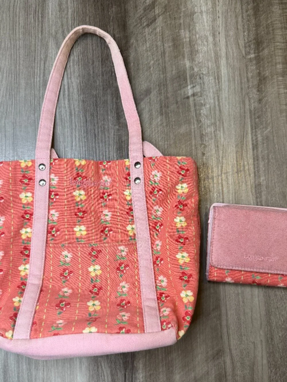 Longaberger pink floral tote and matching wallet set (preowned)